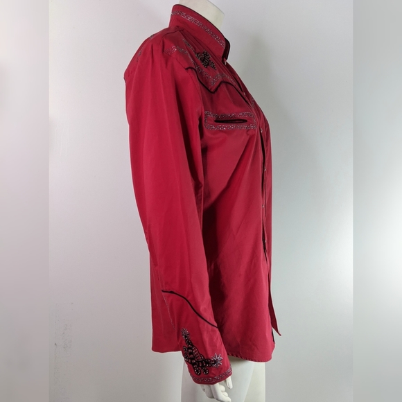 Unisex Red Western Pearl Snap Embellished Shirt Small Southwestern - Picture 3 of 11